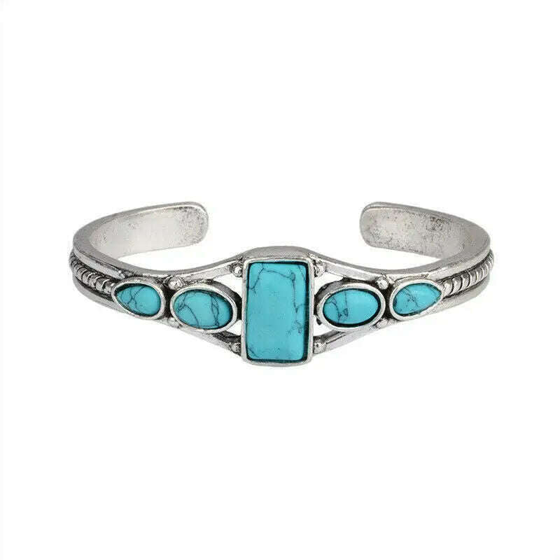 KIMLUD, Wu's 2022 New European and American Bohemian Style Retro Turquoise Carved Hollow Geometric Bracelet Opening Adjustable Bracelet, B, KIMLUD APPAREL - Womens Clothes