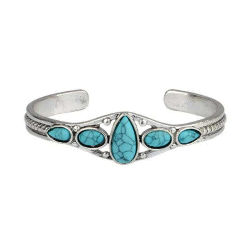 KIMLUD, Wu's 2022 New European and American Bohemian Style Retro Turquoise Carved Hollow Geometric Bracelet Opening Adjustable Bracelet, A, KIMLUD APPAREL - Womens Clothes