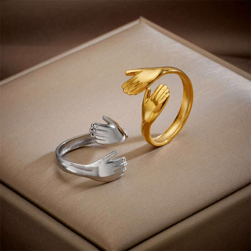 KIMLUD, XIYANIKE 316L Stainless Steel Rings Hands Hug Opening for Woman Couple Simple Creative Trendy Design Punk Gifts Birthday Jewelry, KIMLUD Womens Clothes