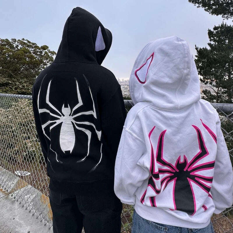 KIMLUD, Y2k Emo Women Streetwear Hoodie Spider Punk Zip Up Hoodies Graphic Oversized Sweatshirt Gothic Harajuku Kpop Alt Men Clothes, KIMLUD Womens Clothes