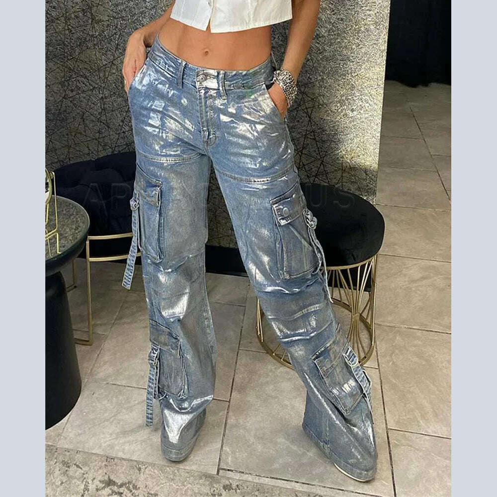 y2k Straight Pockets Hip Hop Trousers High Waist Jeans Women Fashion Silver Shiny Print Loose Wide Leg Denim Pants Streetwear - KIMLUD