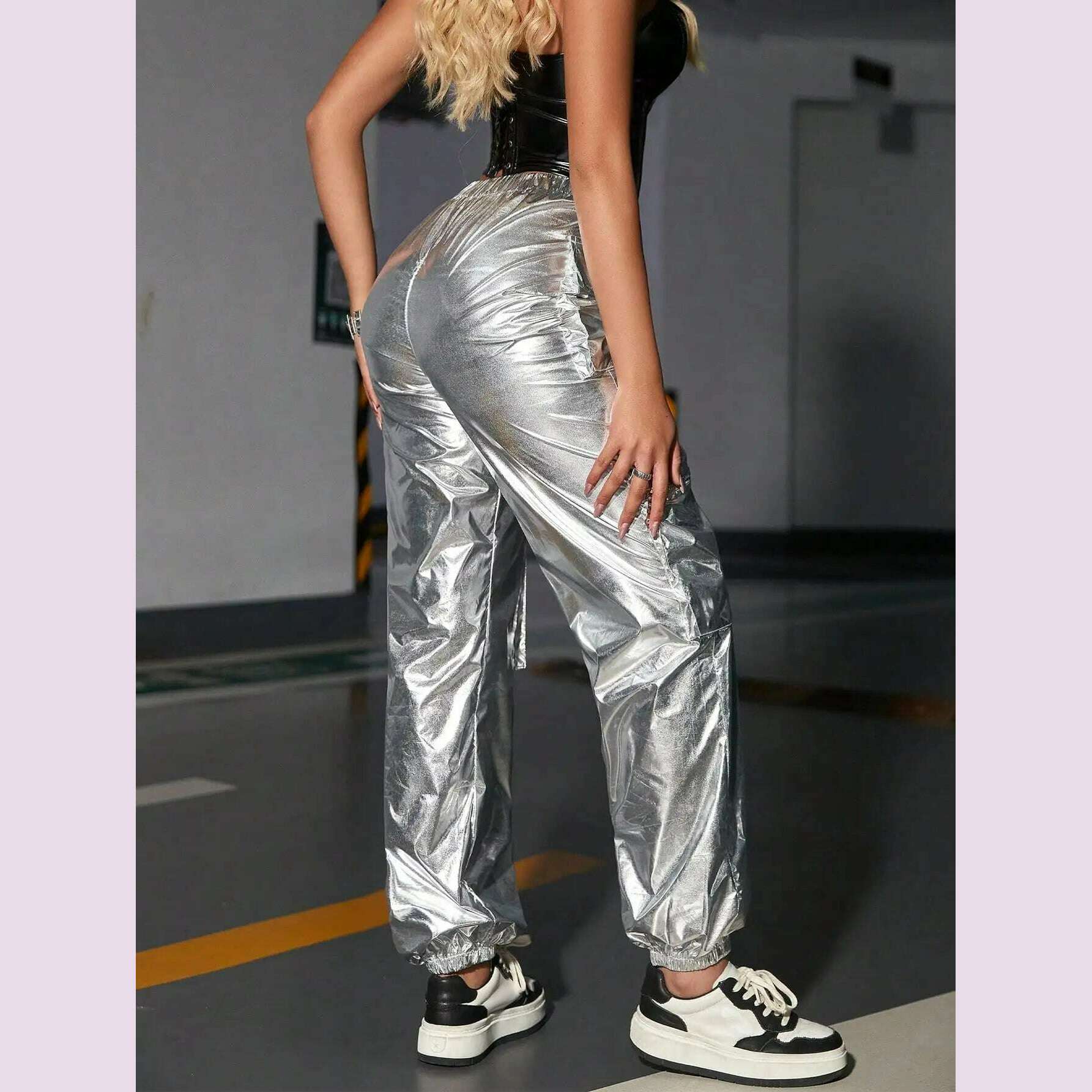 Y2K Street Metallic Silver V High Waist Zipper Detail Patched Flap Pocket Hip Hop Cargo Jogger Pants Daily Comfy Trousers - KIMLUD