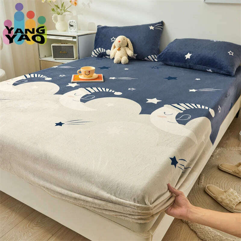 Yaapeet Winter Fitted Sheet Velvet Bedsheets fundas de colchón Skin-friendly Mattress Cover Warm Bed Linen (No Pillowcase) - KIMLUD