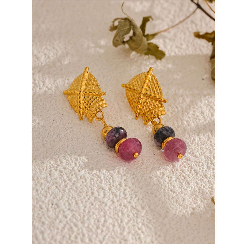 Yhpup Stainless Steel Natural Stone Drop Golden Waterproof Handmade France Earrings Jewelry (Each stone color is different) - KIMLUD