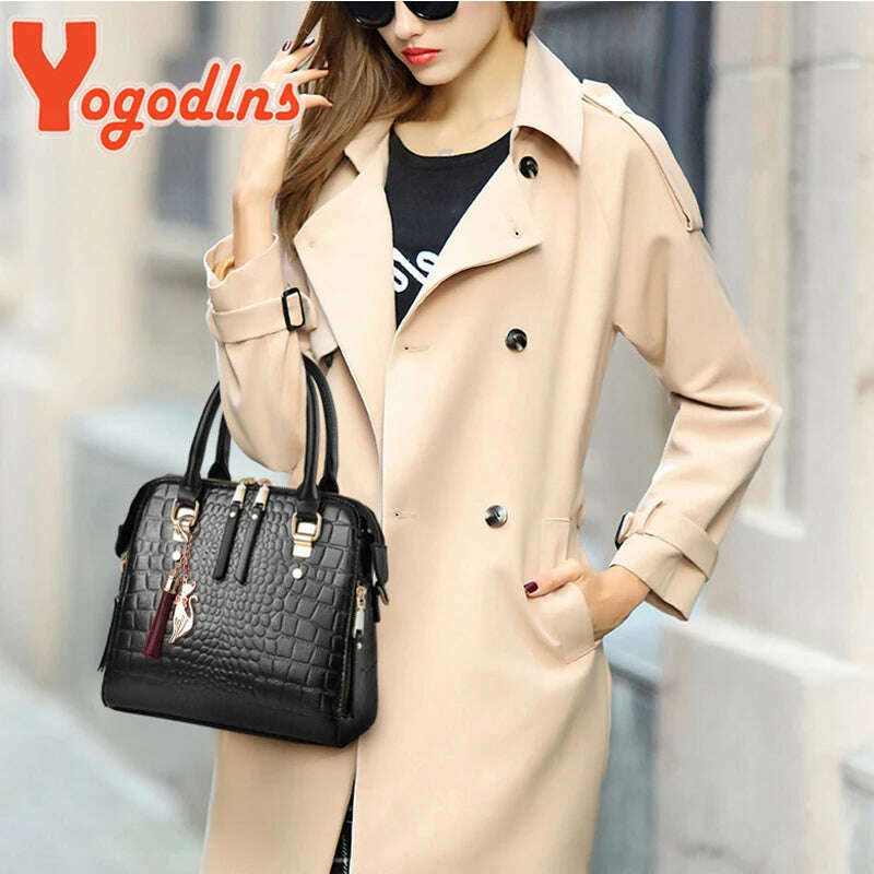 Yogodlns Luxury Crocodile Pattern Handbag Women Winter New PU Leather Tassel Shoulder Bag Brands Design Handle Bag Lady Purse - KIMLUD