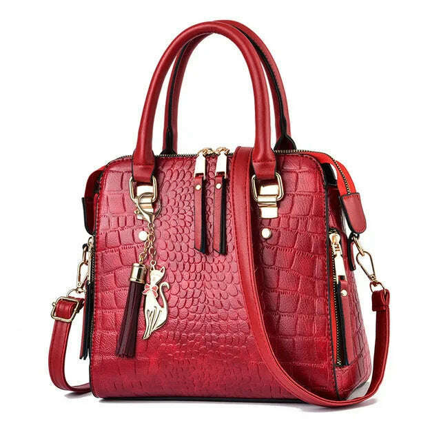 KIMLUD, Yogodlns Luxury Crocodile Pattern Handbag Women Winter New PU Leather Tassel Shoulder Bag Brands Design Handle Bag Lady Purse, red / 24x14x23cm, KIMLUD APPAREL - Womens Clothes