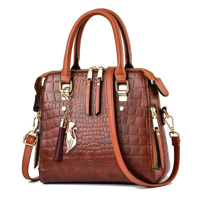 KIMLUD, Yogodlns Luxury Crocodile Pattern Handbag Women Winter New PU Leather Tassel Shoulder Bag Brands Design Handle Bag Lady Purse, brown / 24x14x23cm, KIMLUD APPAREL - Womens Clothes