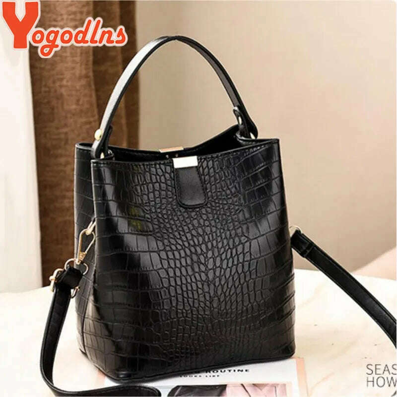 Yogodlns Retro Alligator Bucket Bags Women Crocodile Handbag Large Capacity Crossbody Bag New Shoulder Messenger Bag Phone Purse - KIMLUD