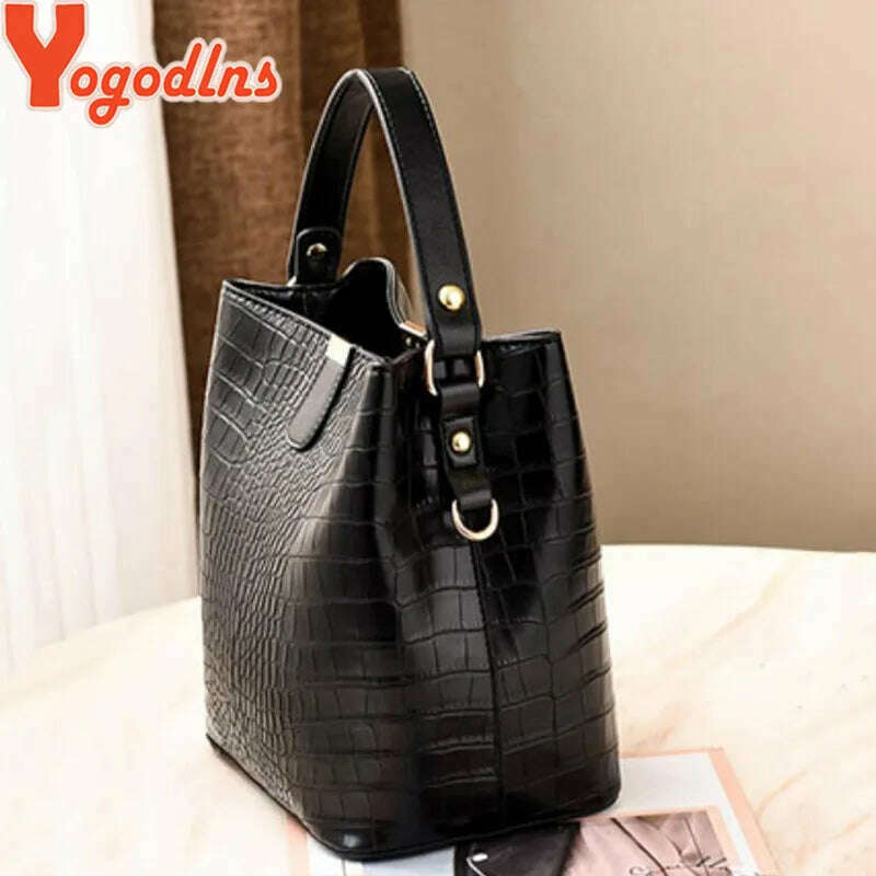 Yogodlns Retro Alligator Bucket Bags Women Crocodile Handbag Large Capacity Crossbody Bag New Shoulder Messenger Bag Phone Purse - KIMLUD