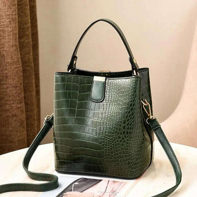 KIMLUD, Yogodlns Retro Alligator Bucket Bags Women Crocodile Handbag Large Capacity Crossbody Bag New Shoulder Messenger Bag Phone Purse, green / 20x14x22cm, KIMLUD APPAREL - Womens Clothes