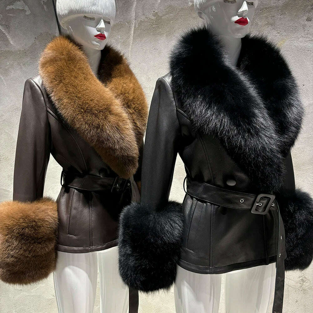 YOLOAgain Women's Real Fox Fur Collar Sheepskin Leather Jacket Coat Autumn 2024 - KIMLUD