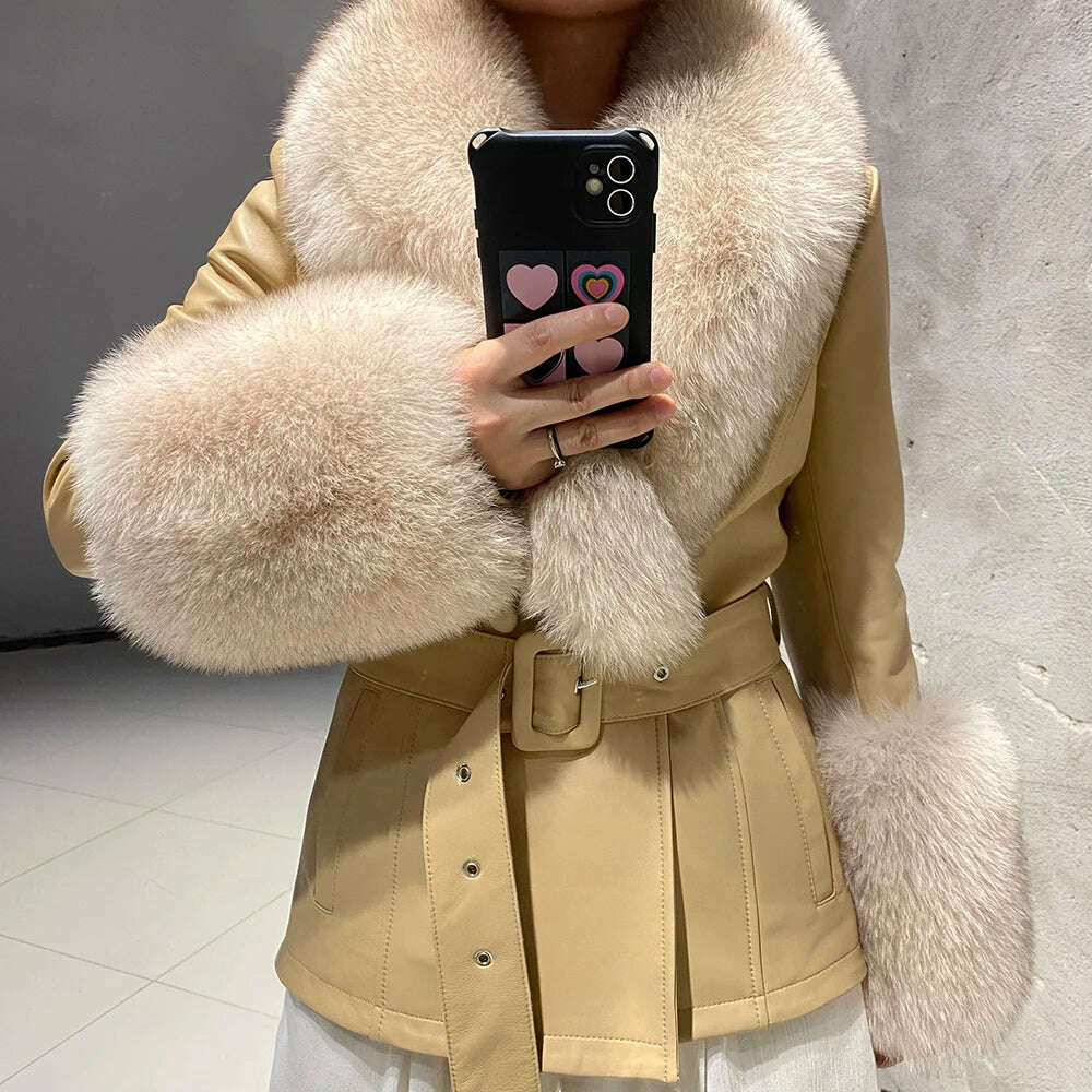 KIMLUD, YOLOAgain Women's Real Fox Fur Collar Sheepskin Leather Jacket Coat Autumn 2024, KIMLUD Womens Clothes