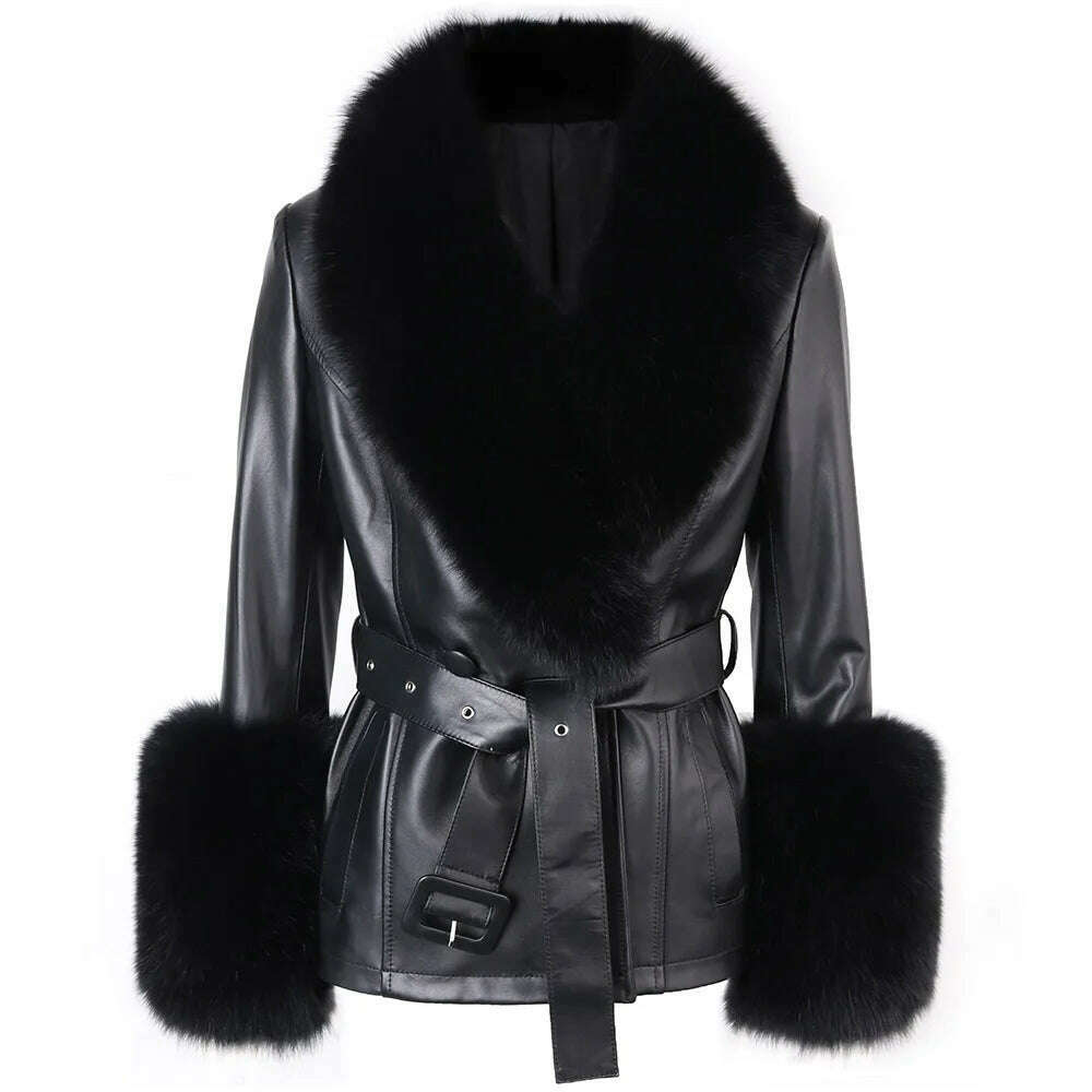 KIMLUD, YOLOAgain Women's Real Fox Fur Collar Sheepskin Leather Jacket Coat Autumn 2024, KIMLUD Womens Clothes