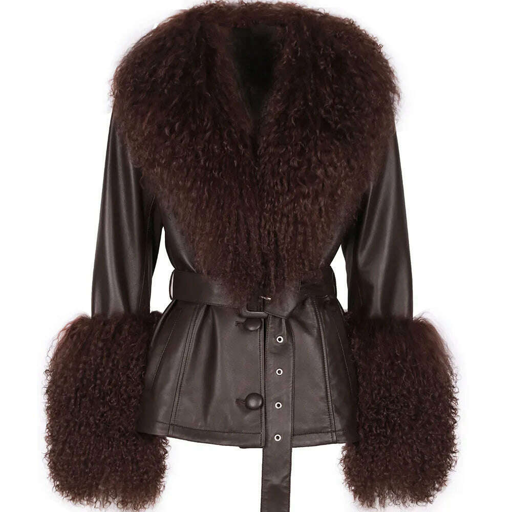 KIMLUD, YOLOAgain Women's Real Fox Fur Collar Sheepskin Leather Jacket Coat Autumn 2024, as shown2 2 / S, KIMLUD APPAREL - Womens Clothes