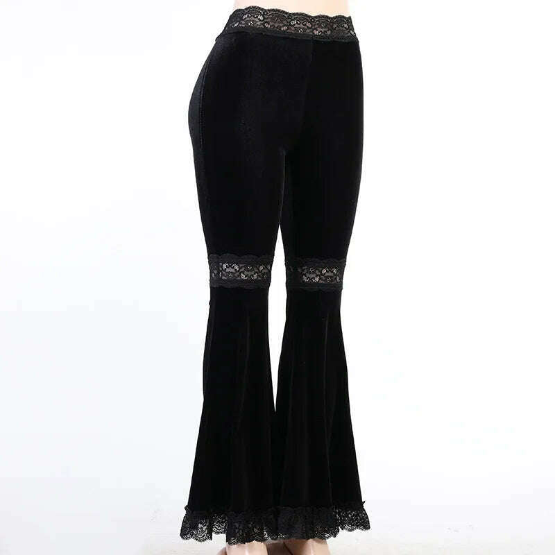 [You're My Secret] Women Pant Gothic Black Velvet Flare Pants Sexy Hollow Out Lace Patchwork Slim High Waist Retro Bell Bottom - KIMLUD