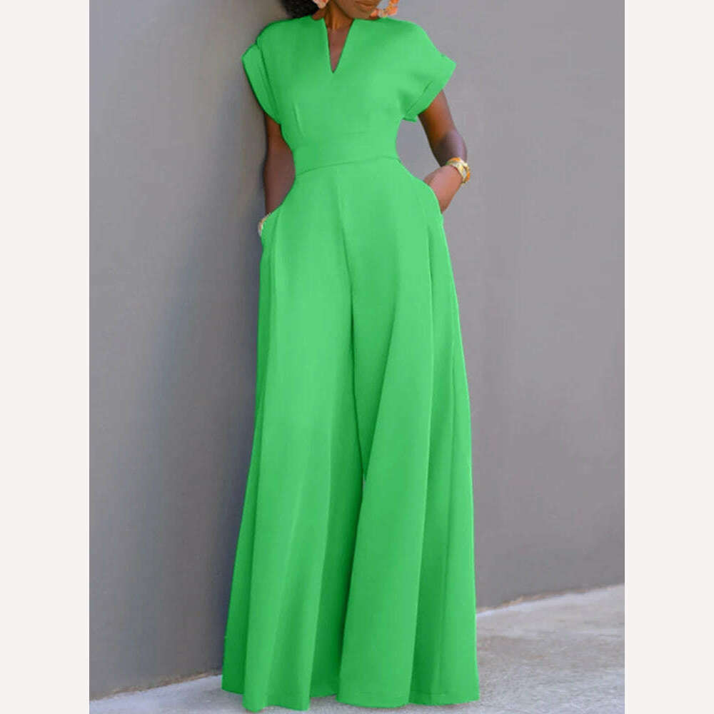 KIMLUD, ZANZEA Short Sleeve 2023 Summer Long Rompers Commuting Elegant Holiday Women Playsuit Wide Leg Pants Casual Jumpsuits Overalls, Green / XXL, KIMLUD APPAREL - Womens Clothes