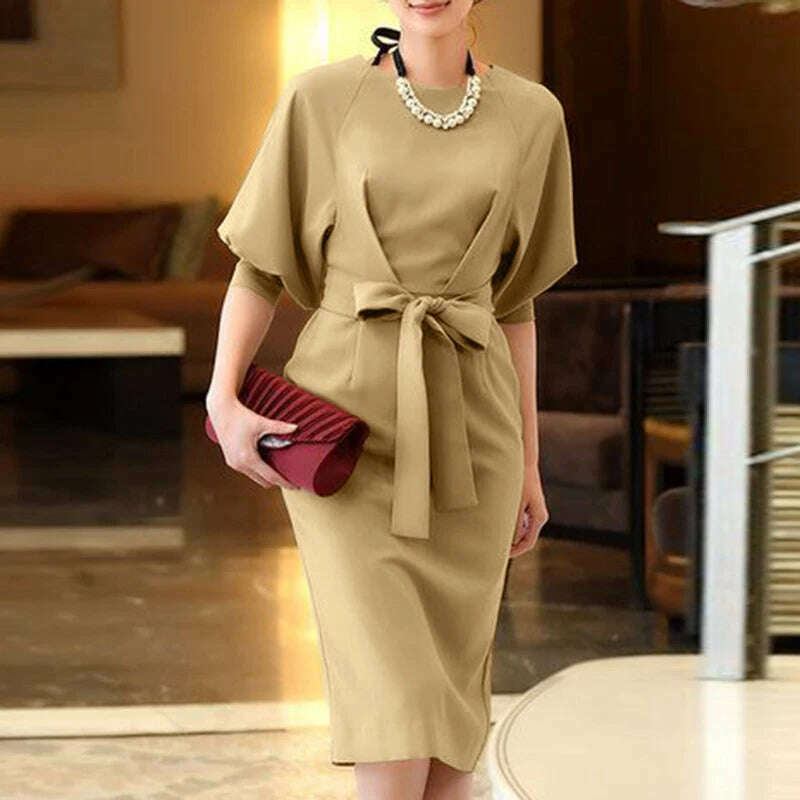 KIMLUD, ZANZEA Women Party Evening Dresses Vintage Bat Half Sleeve Robe 2024 Summer Bowtie Waisted Robe Elegant Wrap Hips Chic Vestidos, Khaki / S, KIMLUD APPAREL - Womens Clothes