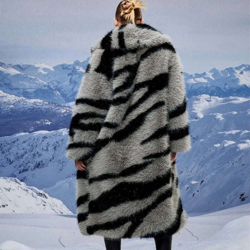 KIMLUD, Zebra New Faux Fox Fur Coat Women Long 2024 Winter Imitation Wool Fur Jacket Thickened Warm Plush Overcoat Furry Fuzzy Outerwear, KIMLUD Womens Clothes