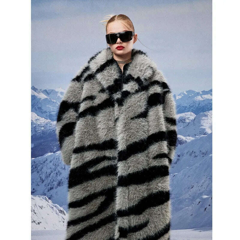 KIMLUD, Zebra New Faux Fox Fur Coat Women Long 2024 Winter Imitation Wool Fur Jacket Thickened Warm Plush Overcoat Furry Fuzzy Outerwear, Zebra fur coat / S, KIMLUD APPAREL - Womens Clothes