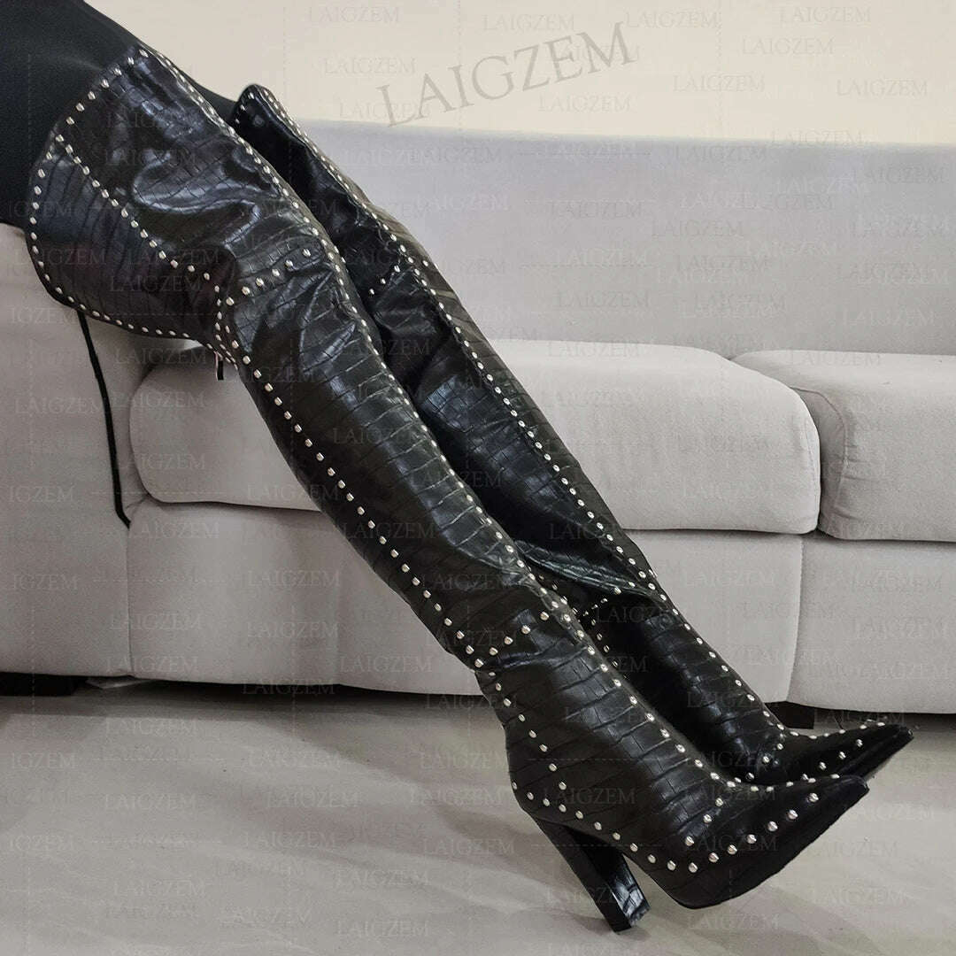 KIMLUD, ZHIMA Women Thigh High Boots Crocodile Print Thick Heels Boots Over Knee Ladies Shoes Woman Frauen Stiefel Big Size 38 43 47, ZM216 Black / 10, KIMLUD APPAREL - Womens Clothes